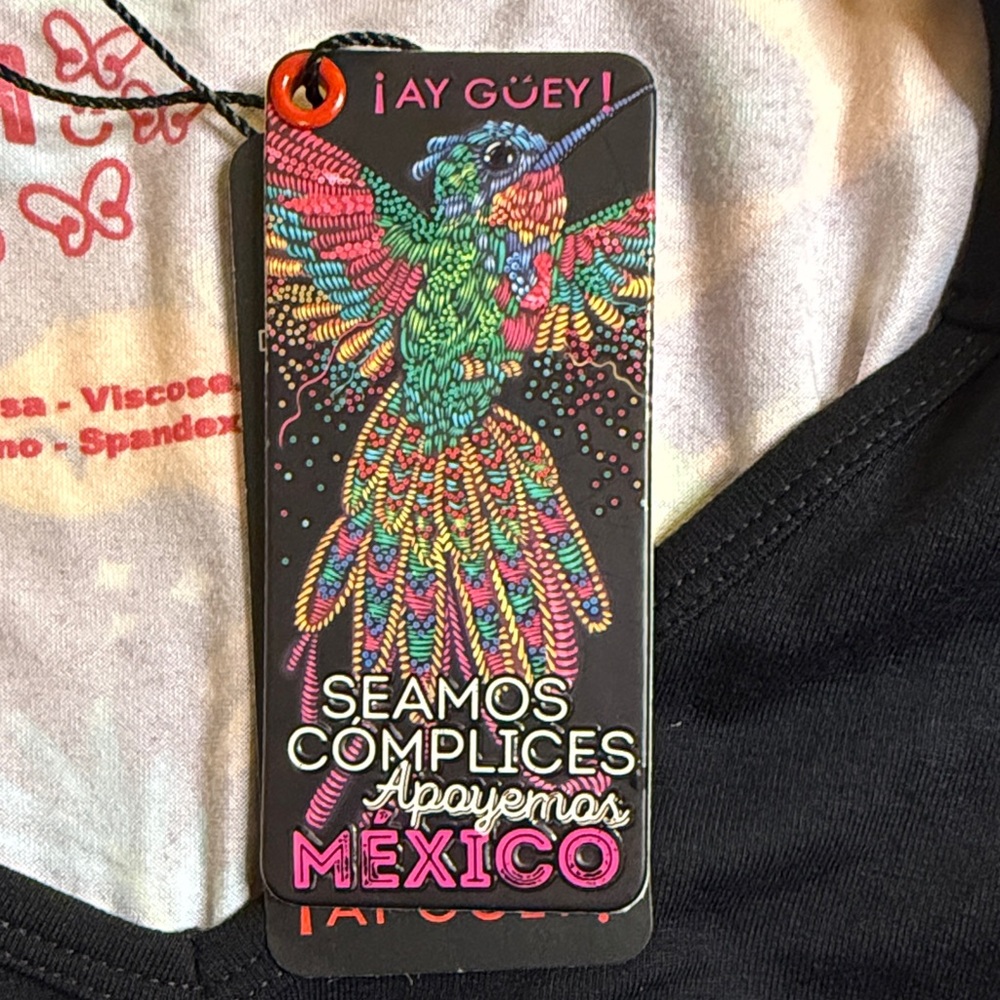 Ay Güey! V-Neck Black Top with Colorful Bird Design - Picture 6 of 8